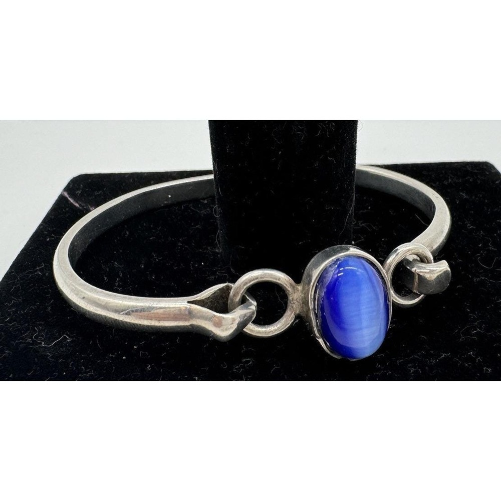 Taxco Mexico 925 Sterling Silver Blue Cats Eye Bangle Bracelet TD-27 Vintage